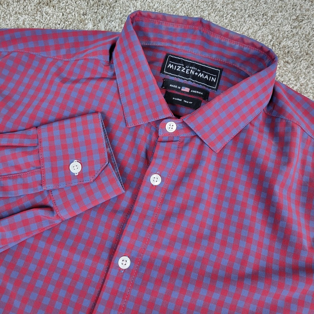 JJ Watt Mizzen + Main Mens XL Red Blue Gingham Check Performance Button Up USA